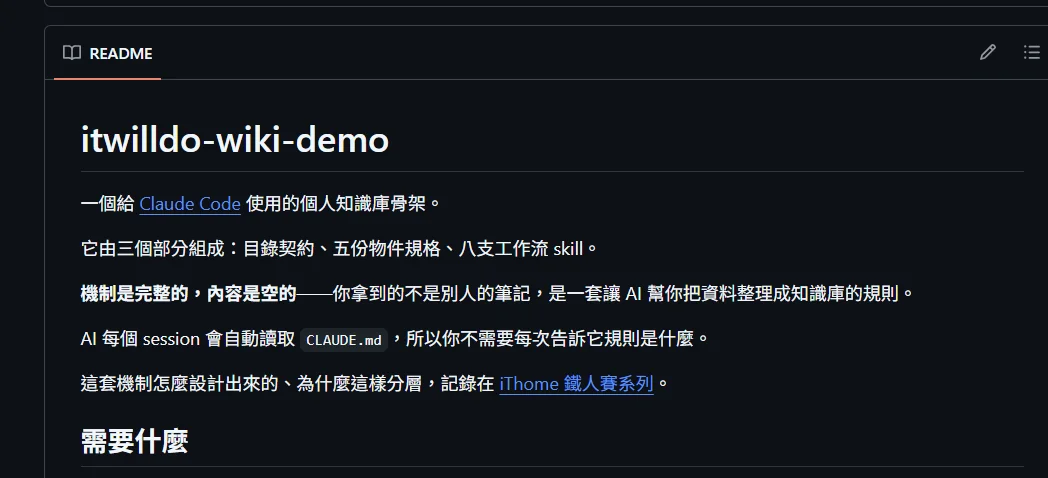 GitHub 上 itwilldo-wiki-demo 的 README,說明這是給 Claude Code 使用的個人知識庫骨架