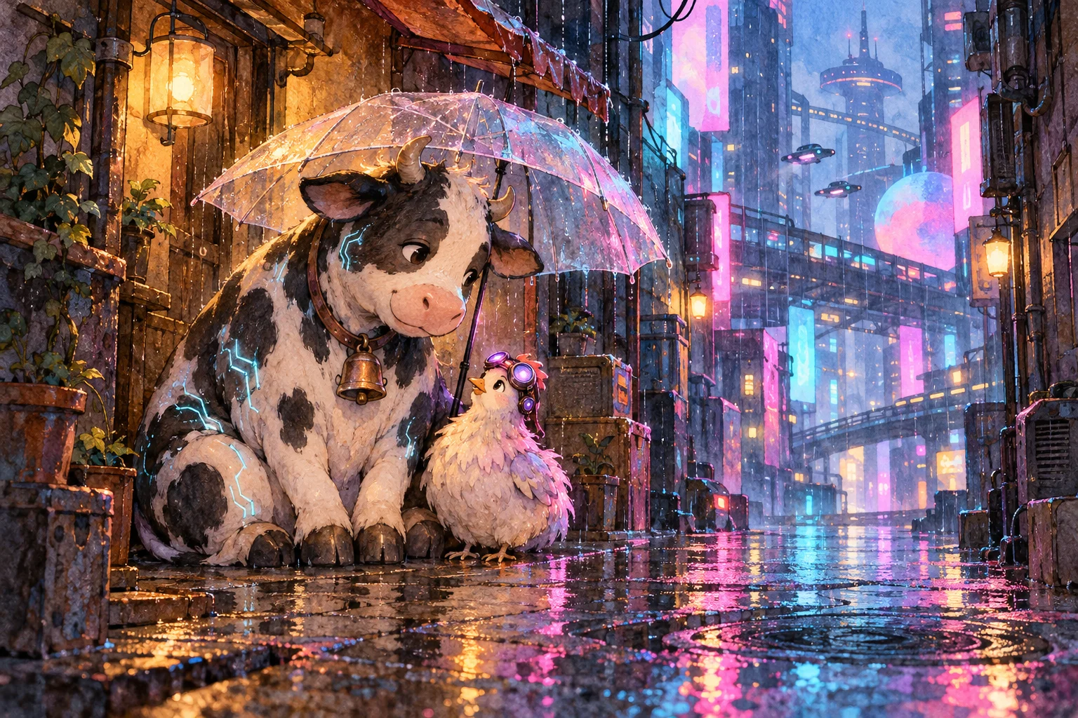 雨夜的未來城市小巷裡,一頭戴著鈴鐺的乳牛撐著透明雨傘,替身旁戴護目鏡的小雞遮雨,遠方是霓虹燈與高架橋