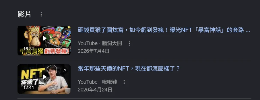 YouTube 搜尋結果截圖：兩支談 NFT 的影片，標題分別是「砸錢買猴子圖炫富，如今虧到發瘋！曝光NFT『暴富神話』的套路」與「當年那些天價的NFT，現在都怎麼樣了？」，縮圖是戴皇冠的無聊猿
